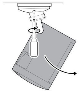 An example of the camera being rotated, then using a screwdriver to tighten the security screw in a clockwise motion.