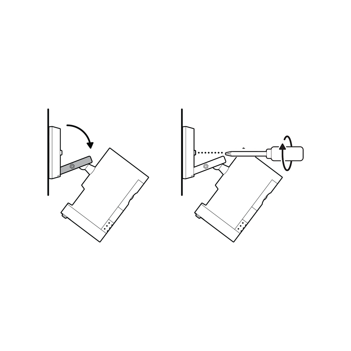 Illustration of camera mount unclasped and a screwdriver tightening the security screw.