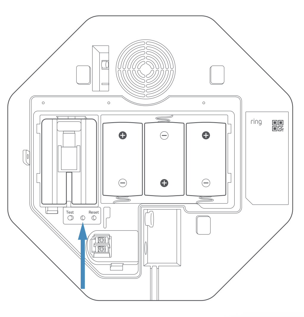 Illustration showing the LED located between the test and reset buttons on the Outdoor Siren.