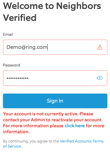 Screen showing an error message for deactivated users of the Verified Account.