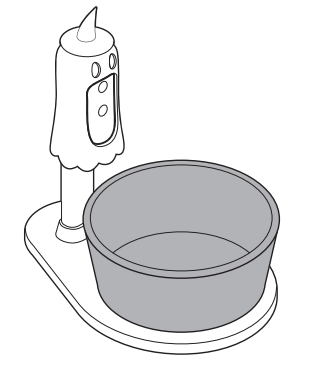 Illustration of the witch Candy Cam on the mounting arm with a grey circular bowl sitting on the oval base in front of the camera. 