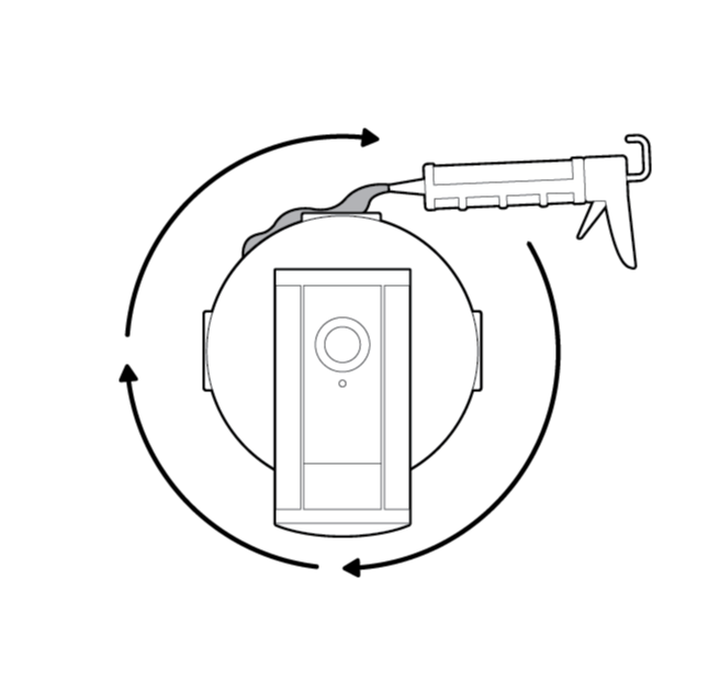 Illustration to show application of caulk in and around the junction box to seal any gaps.