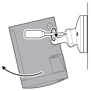 An example of the camera being rotated, then using a screwdriver to tighten the security screw in a clockwise motion.