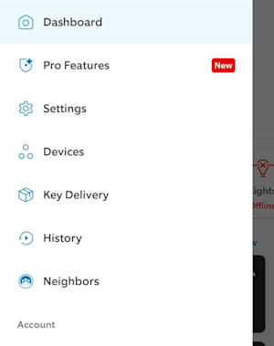 User interface showing the location of Pro Features in the Ring app.