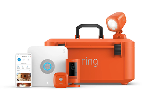 Ring security devices with the orange Ring Jobsite Security Case.
