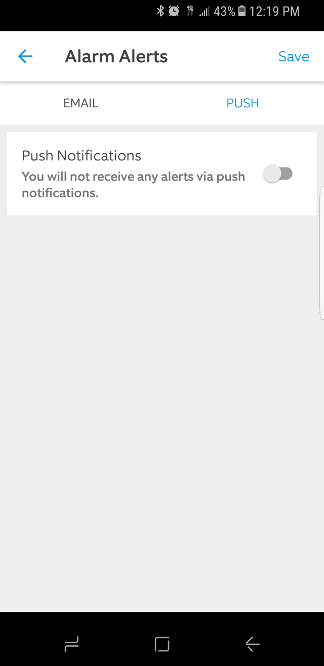 In-app screen showing toggle for push notification Alarm Alerts.
