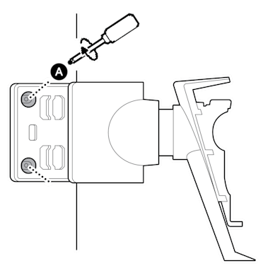 An illustration of the extended mount being installed on the wall corner using the included screws, labeled A.
