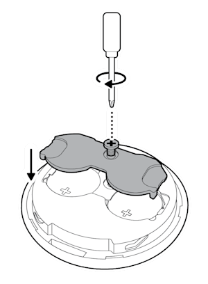 Illustration to show how to reattach the battery security plate by tightening the screw with a Phillips-head screwdriver