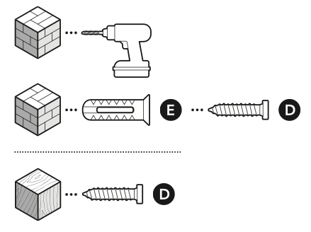 Illustration showing how to mount on stucco, brick, or concrete, use a 3/16 in (5 mm) masonry bit to drill holes for the included wall anchors.