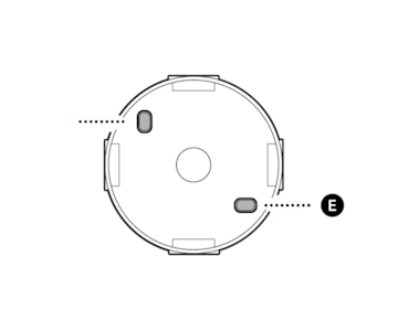 Illustration to show junction box screw hole covered with rubber caps labelled E.