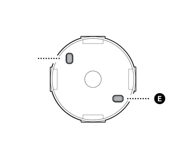 Illustration to show junction box screw hole covered with rubber caps labelled E.