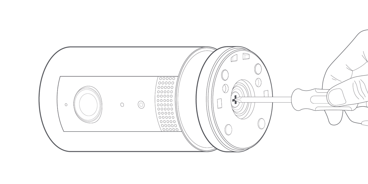 Illustration of an Indoor Cam (1st Generation) laid horizontally. Hand using Phillips screwdriver to remove screw from the base, detaching stand from the body.