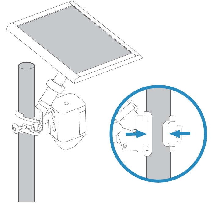 Illustration of a Solar Panel and a Pole Mount with arrows toward each other showing attaching the mount to the pole.