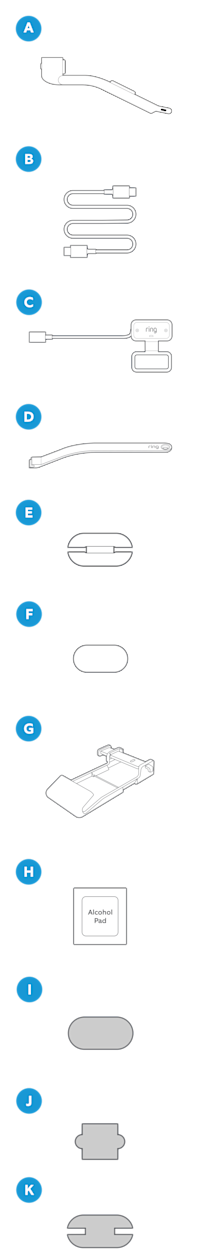 Illustrations of Car Cam, power cable, adapter, clips, cable tuck tool, holder, alcohol pads, and adhesive pads labeled from A to K.