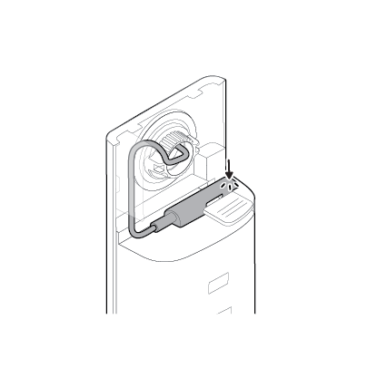 Illustration of plugging the connector cable into the back of the Peephole Cam 2K.