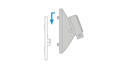 Illustration showing Spotlight Cam base next to mounting plate, slightly above it, with blue arrow pointing in and down showing direction for mounting.