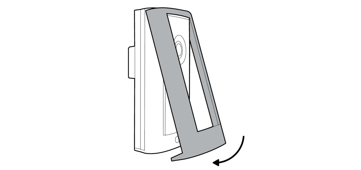 Line drawing of a diagonal arrow pointing downward to indicate the reattachment of the faceplate