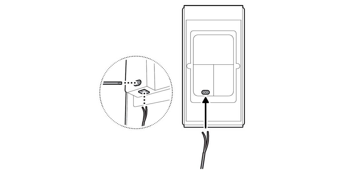 Line drawing of a ring camera indicating where hardwires connect
