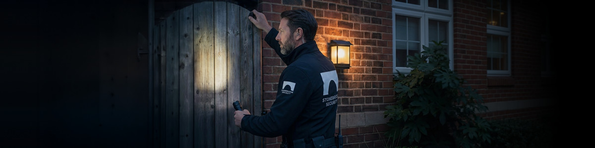 A security guard is shining a torch and checking a gate.