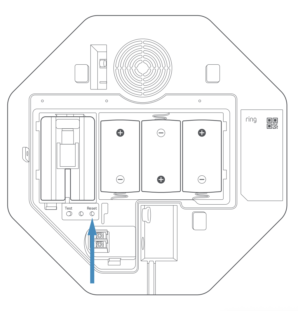 Illustration showing the location of the reset button on the Outdoor Siren.