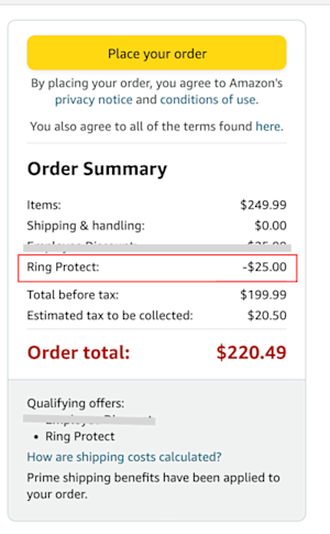 Screenshot of using the Ring Home 10% discount on Amazon.com.