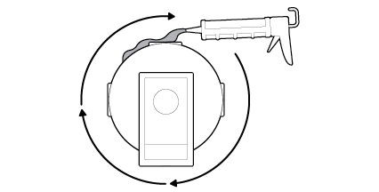 Line drawing showing rotation arrows of the caulk gun going around the hardwired kit
