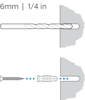 illustration of how to pre-drill the mounting holes in your wall then, insert the wall anchors before inserting the mounting screws when mounting on stucco, brick, or concrete.