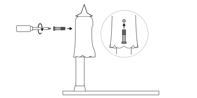Candy Cam with a screwdriver and screw, pointing to the hole on the camera back, and an arrow showing securing the camera to the mounting bar. 