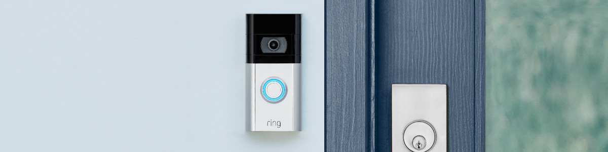 Ring doorbell on a brightly painted, modern home's front door