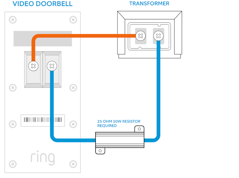 Illustration showing how to wire one doorbell directly to a transformer using a resistor. 
