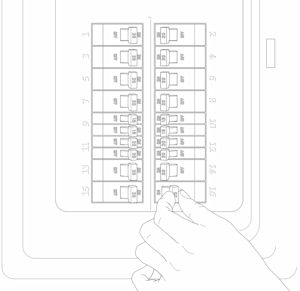 Illustration of a breaker box with a hand on one of the switches showing how to turn off the power.