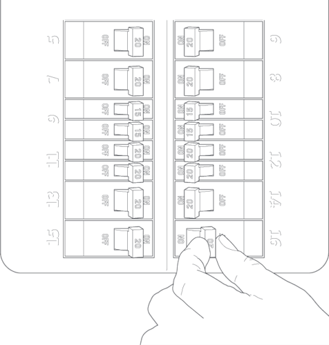 Illustration of a breaker box with a hand on one of the switches showing how to turn off the power.