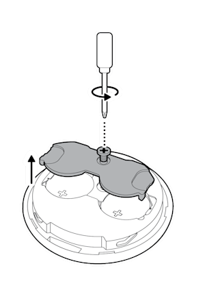 Illustration showing a Phillips-head screwdriver being used to unscrew the screw and remove the battery security plate.