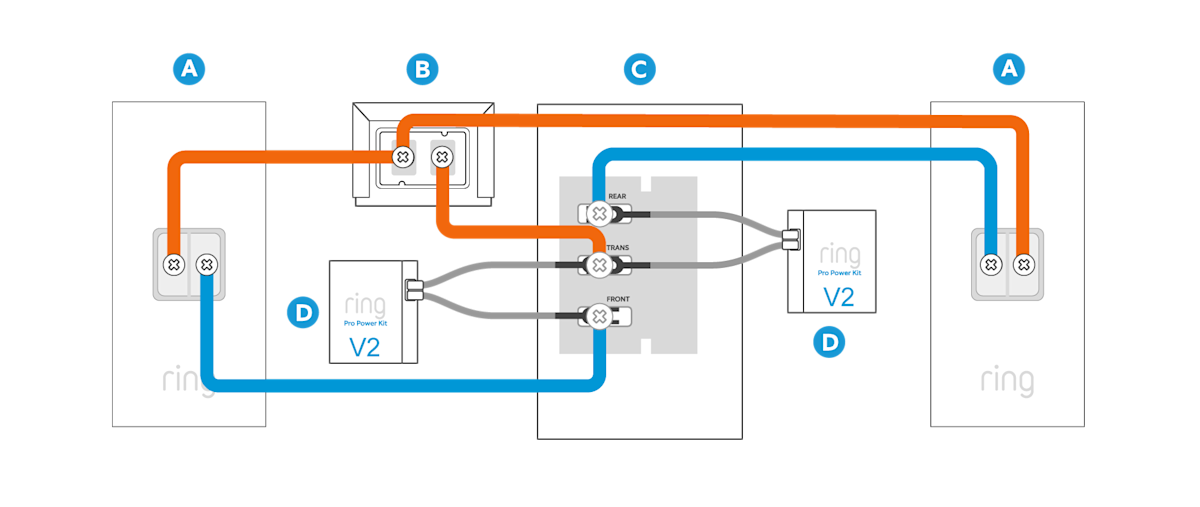 An illustration of a wiring diagram showing how to wire two Wired Doorbell Plus or Pros to one internal doorbell chime.