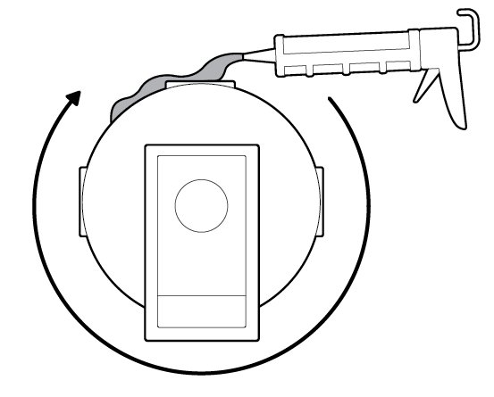Illustration to show applying silicone or caulk around the junction box knockouts, between the junction box and junction box cover mount, and between the junction box and mounting surface to seal gaps.