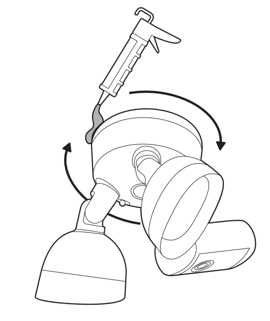 Illustration showing to apply a weatherproof silicone caulk or sealant around the perimeter of the lighting fixture to seal any gaps between the lighting fixture and the mounting surface.