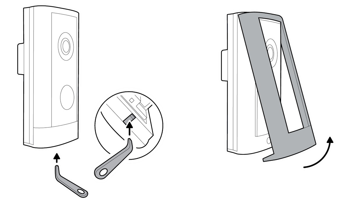 Technical diagram showing the use of the removal tool to remove the faceplate to the ring device.