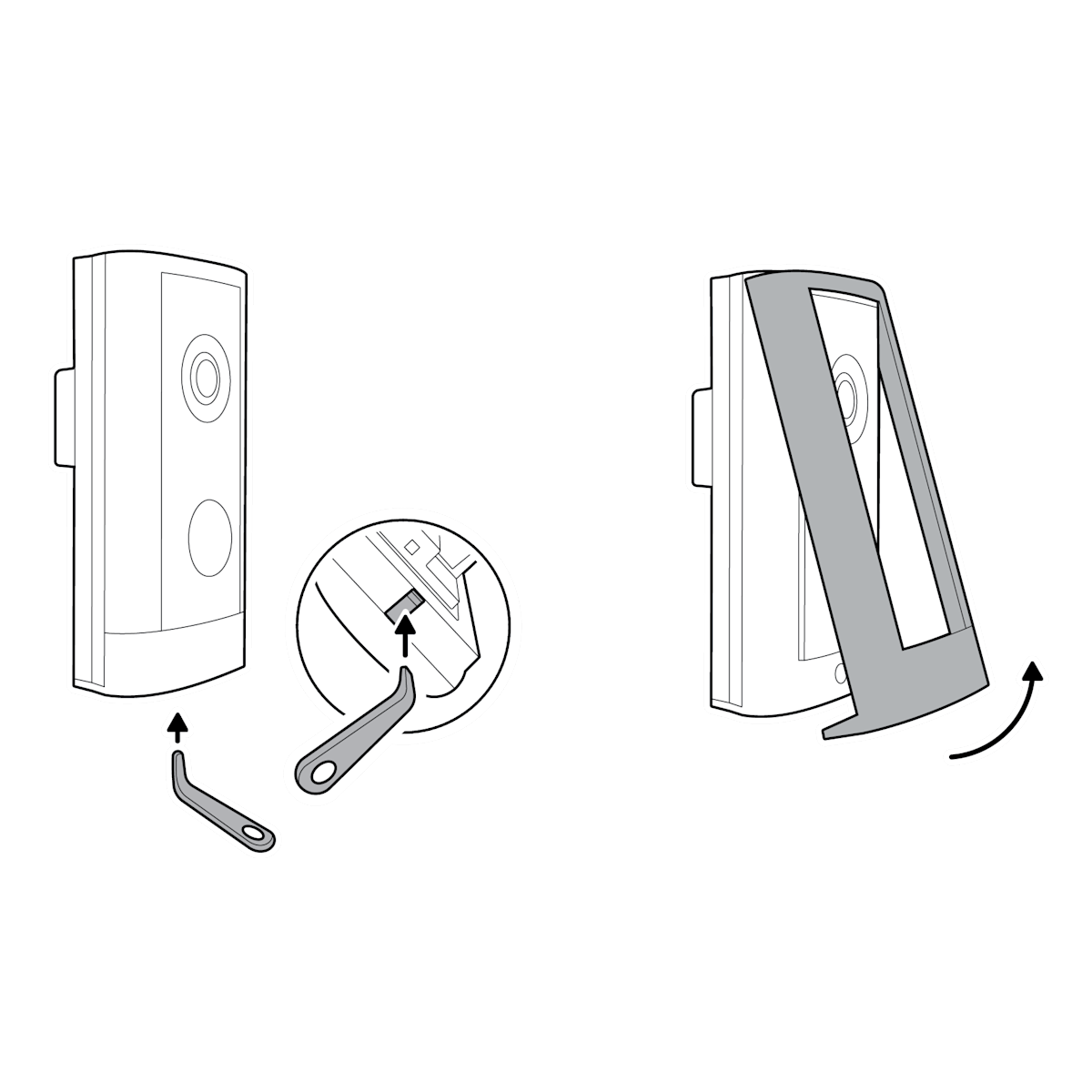 Technical diagram showing the use of the removal tool to remove the faceplate to the ring device.