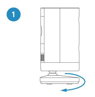 Illustration of a Stick Up Cam with a blue arrow around the base curving down and clockwise, showing how to rotate it.