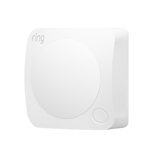 A square motion detector with a green circular LED light in the bottom right corner flashing three times and the word "ring" in the opposite corner.