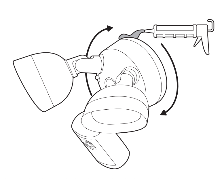 Illustration showing to apply a weatherproof silicone caulk or sealant around the perimeter of the lighting fixture to seal any gaps between the lighting fixture and the mounting surface.