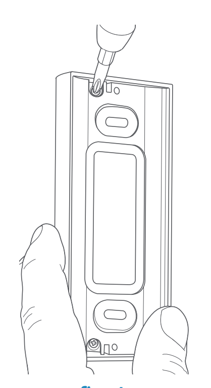 Illustration of inserting screws into circular holes on doorbell and securing with screwdriver.