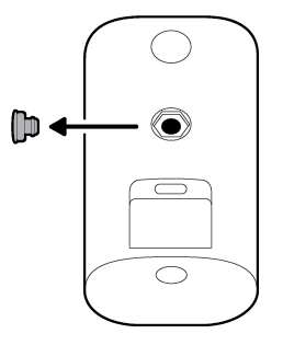Illustration to show removing the middle rubber cap from the back of the camera.