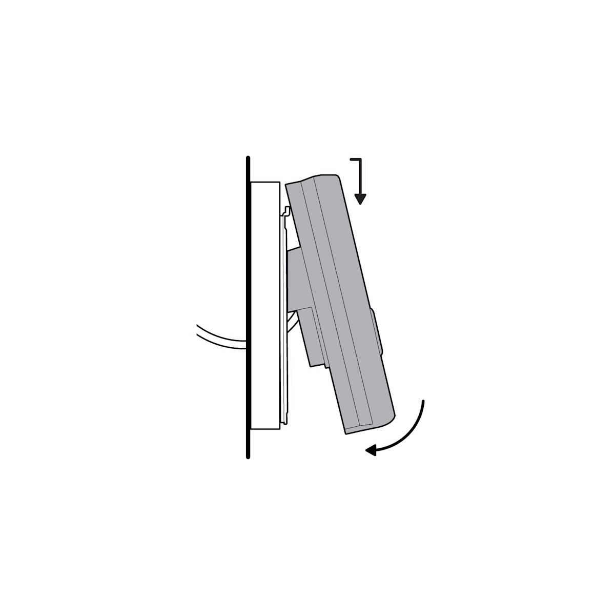 Illustration of Wired Doorbell Elite (2nd Gen) installation - Tuck the wires into the wall, then hook your doorbell over the mounting bracket to attach.