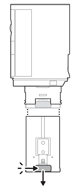 An example of the battery being removed from the device by pressing the tab on the battery and sliding it downward.