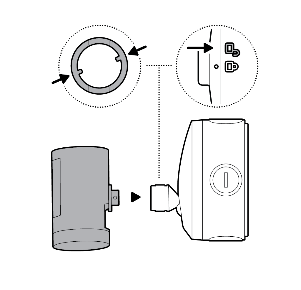 Illustration of the hex joint and junction box cover mount with arrows pointing in toward the locking indicators showing the alignment for connection.