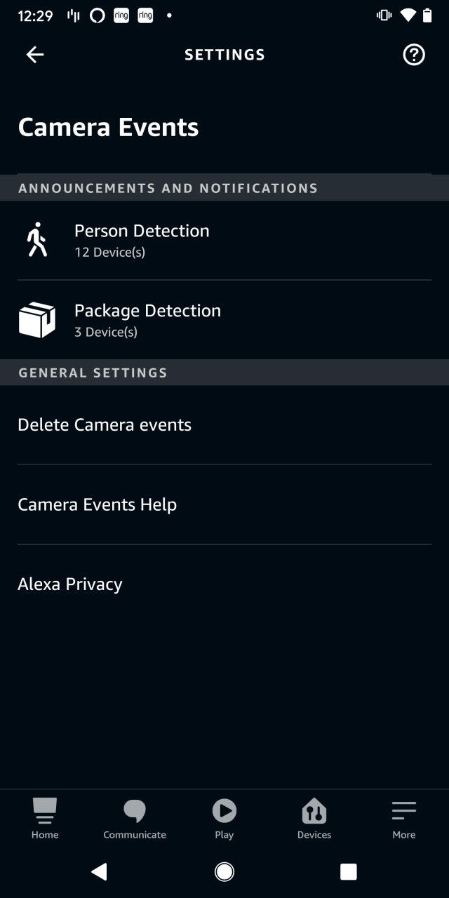 An Alexa device settings screen on iOS showing the Camera Events settings.