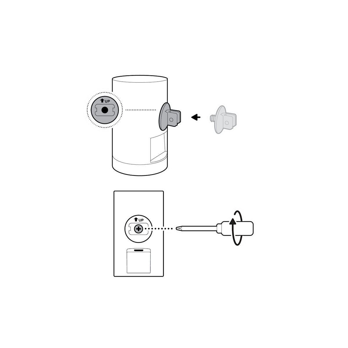 A camera with a hex joint and an arrow up showing direction, an arrow pointing toward the back of the camera, and a screwdriver twisting the screw with a plus in the center of the hex.