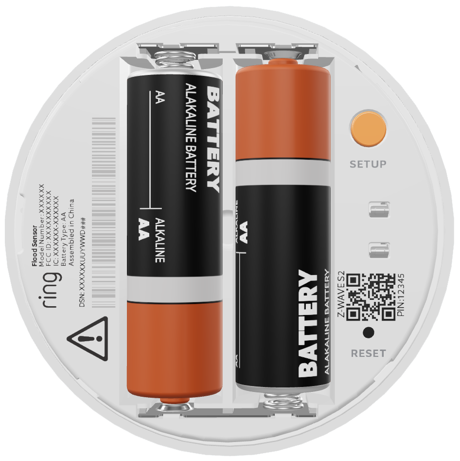Image of the Flood Freeze Sensor showing the battery bay and reset button.