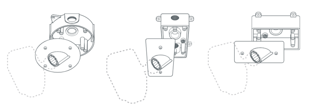 Boxes are mounted to the ceiling with dotted lines indicating rotation, adding washers and mounting screws to secure the cover plate to the mounting base. 